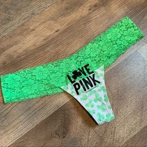 VS LOVE PINK St. Patrick’s Clover Lace Thong Panty